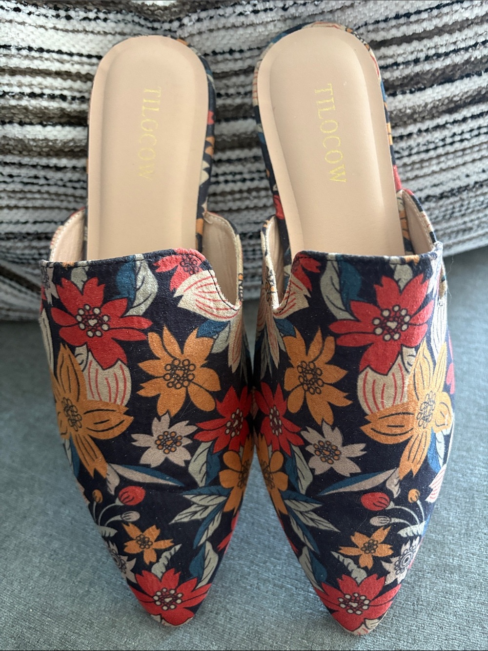 TILOCOW LOGO by Lori Goldstein Floral Pointed-Toe Mules in Navy, Red & Mustard
